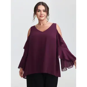 【Summer Turn-Up】【V-neck】BlOOMCHIC Plus Size Ruffled Cut-Out Shoulder Flowy Blouse [M-6X] 2026 Summer Pick for Mother's Day,summervibes