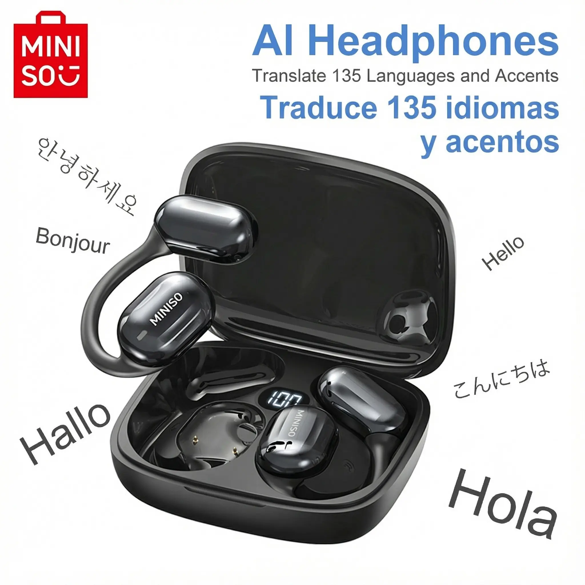 MINISO MS162 Open Ear Wireless Bluetooth 5.4 Earbuds, Face-to-Face Real-Time AI Translate 135 Languages and Accents with App, 8-Hour Battery, 50-Hour Charging Case, 1.5-Hour Charge, Built-in Microphone, Hi-Fi Stereo Sound, IPX5 Water Resistant Earphones