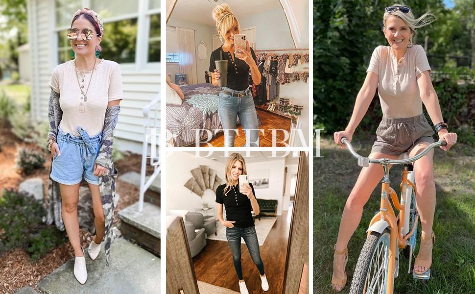 BTFBM Women 2026 Summer Henley Tunic Top V-Neck Short Sleeve Button UP Solid Slim Fit Casual Ribbed Knit Shirt Blouses BTFBM Women 2026 Summer Henley Tunic Top V-Neck Short Sleeve Button UP Solid Slim Fit Casual Ribbed Knit Shirt Blouses