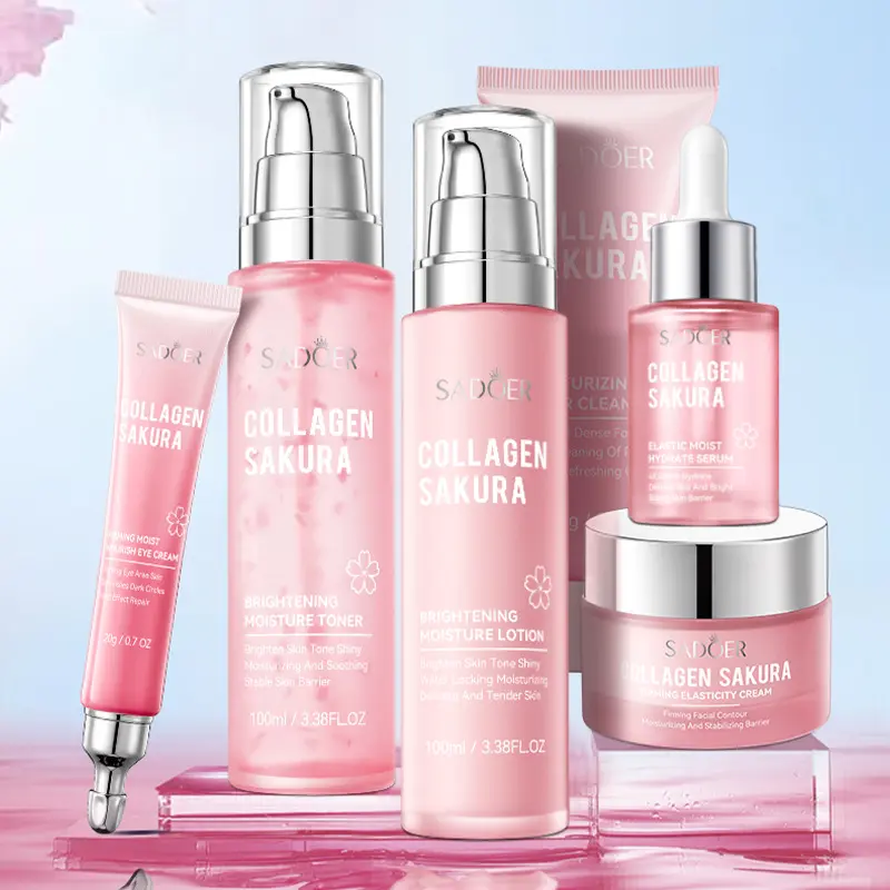 6-Piece Collagen Sakura Facial Skincare Kit - Moisturizing Repairing Beauty Set with Lotion, Eye Care, Self Care Products for Radiant, Plump Smooth Skin, Ideal Womens Gifts, Beauty Sets
