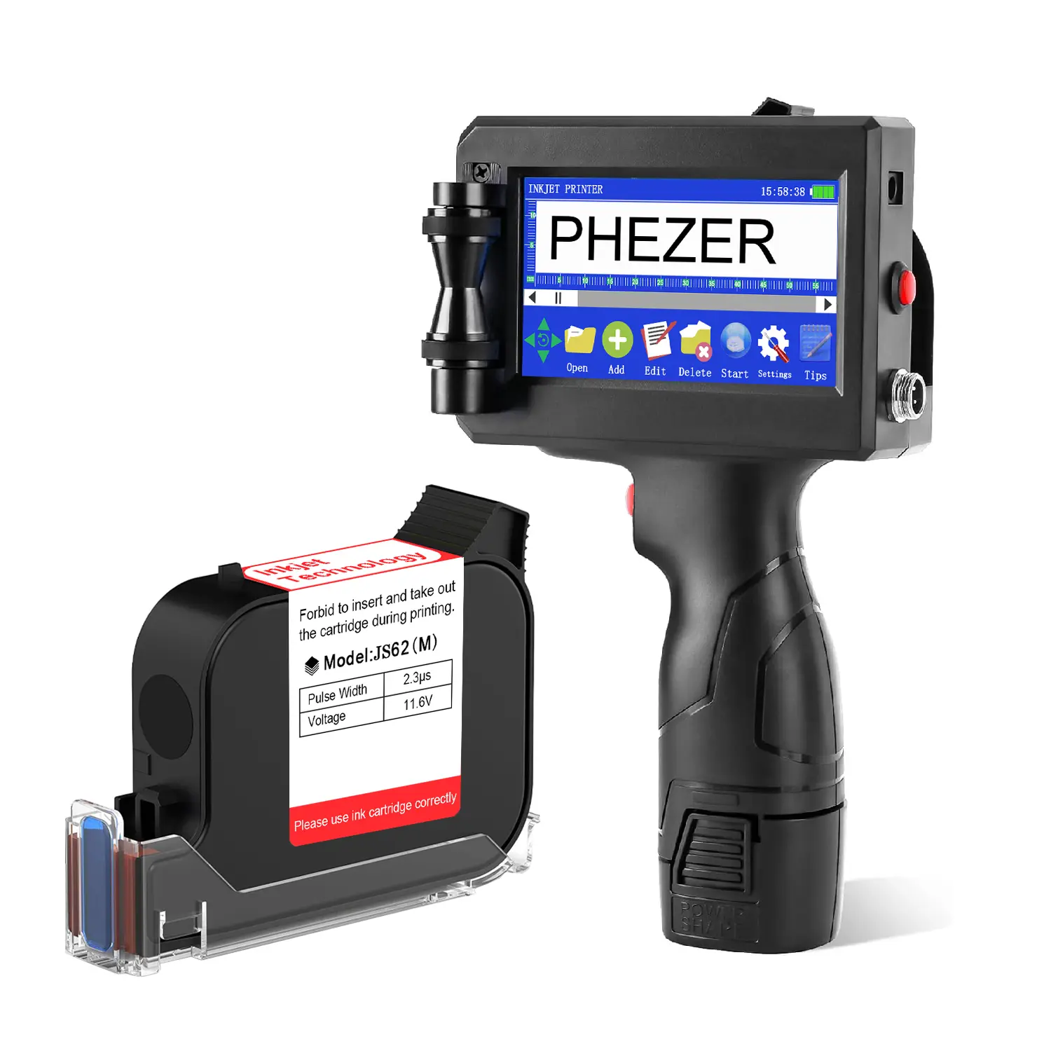 Phezer P15 Handheld Inkjet Printer Kit - 12.7mm Quick-Drying Coder Gun with JS62 Ink, 600DPI Portable Touch Screen Labeler for DIY, Logos, Dates, QR Codes, Text on Fabric, Metal, Stone, Plastic, Pipe (Compatible with Thermal Printers)