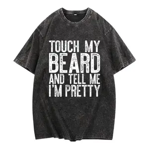 Funny Beard Men'S Vintage washed cotton T-shirt - "Touch My Beard and Tell Me I'm Pretty" Graphic Tee, Lightweight & Washable, Casual Round Neck Short Sleeve for Casual Attire