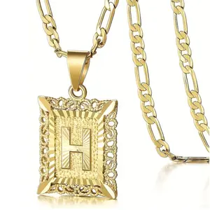 18k gold-plated initials necklace, square pendant, uppercase monogram necklace, alphabet necklace from A-Z, Figaro necklace. Jewelry for men and women.