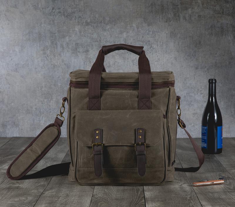 Weekender 6 Bottle Insulated Wine Bag, (Khaki Green with Brown Accents)