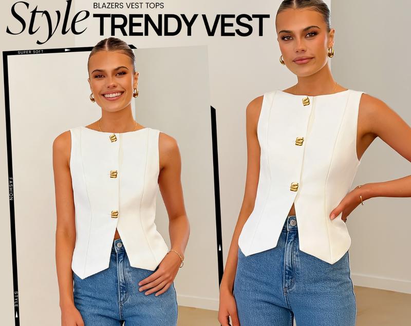 ZESICA Womens Summer Sleeveless Suit Vest 2026 Boat Neck Button Down Formal Vest Tops Casual Trendy Work Blazer Waistcoat