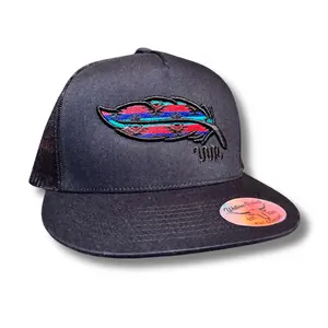 3D Aztec Print Feather Hat - Stylish Black Trucker Cap with Vibrant Feather Design