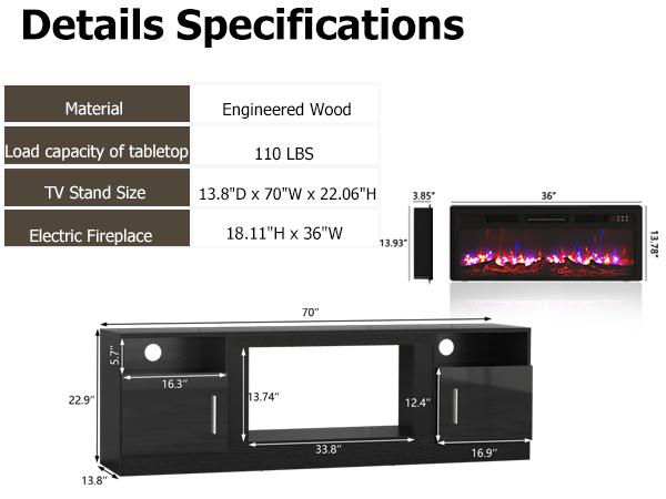 【2 Packages Shipping】PUKAMI Fireplace TV Stand for TVs Up to 80" TV with 36" Electric Fireplace,Entertainment Center with Fireplace,TV Stand with Fireplace LED Light,Entertainment Stand,70inch