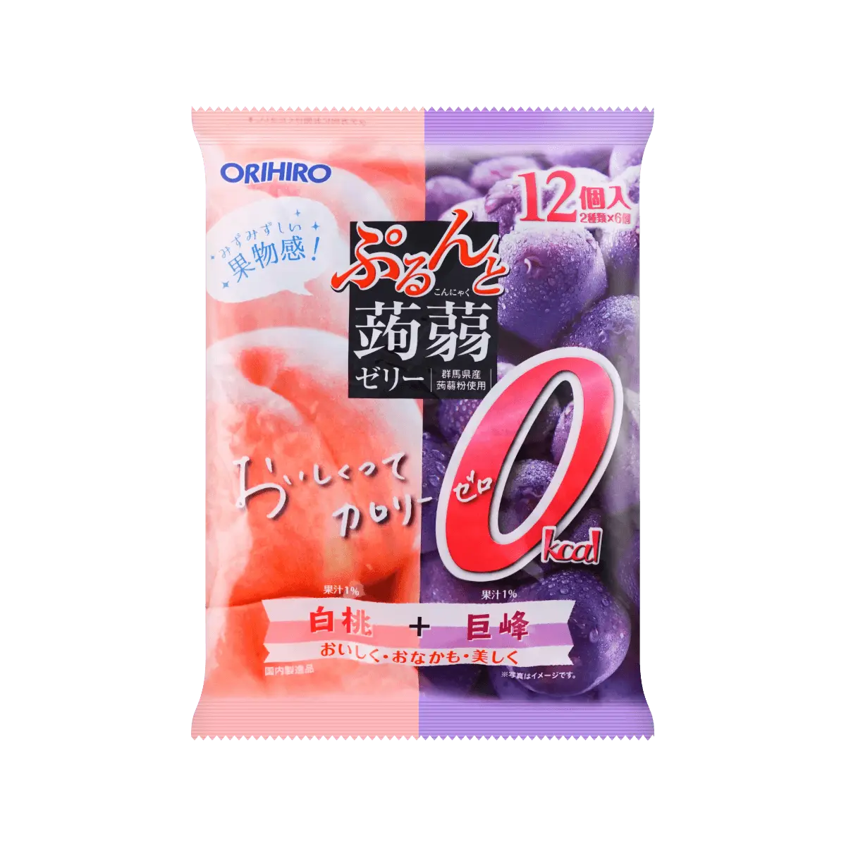 ORIHIRO Konjac Jelly Peach & Grape Flavors - Low Calorie, High Fiber Diet Snack, 12 Pouches (216g)