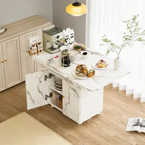 47" Folding Table with Wheels & Storage | Multi-Function Kitchen Island, Dining Table, Desk, Coffee Table & Entryway Console | Space Saving Foldable Table with Marble Top, 6 Casters & Cabinet for Small Spaces, Apartments & Home Office