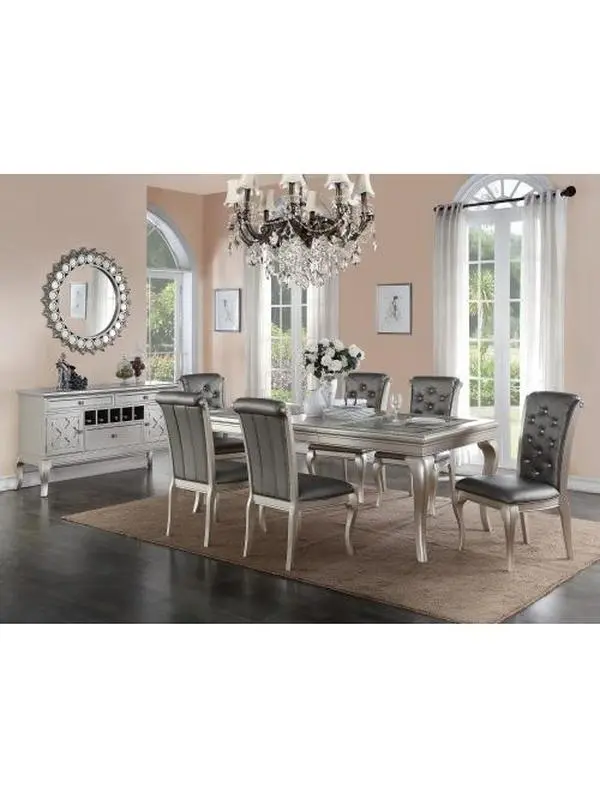 Bellemave 7-Piece Italian Style Dining Room Set - Rectangle Glass Top Silver Hue Table, 6 Tufted Back Side Chairs, Exquisite Craftsmanship for Formal Dining Spaces