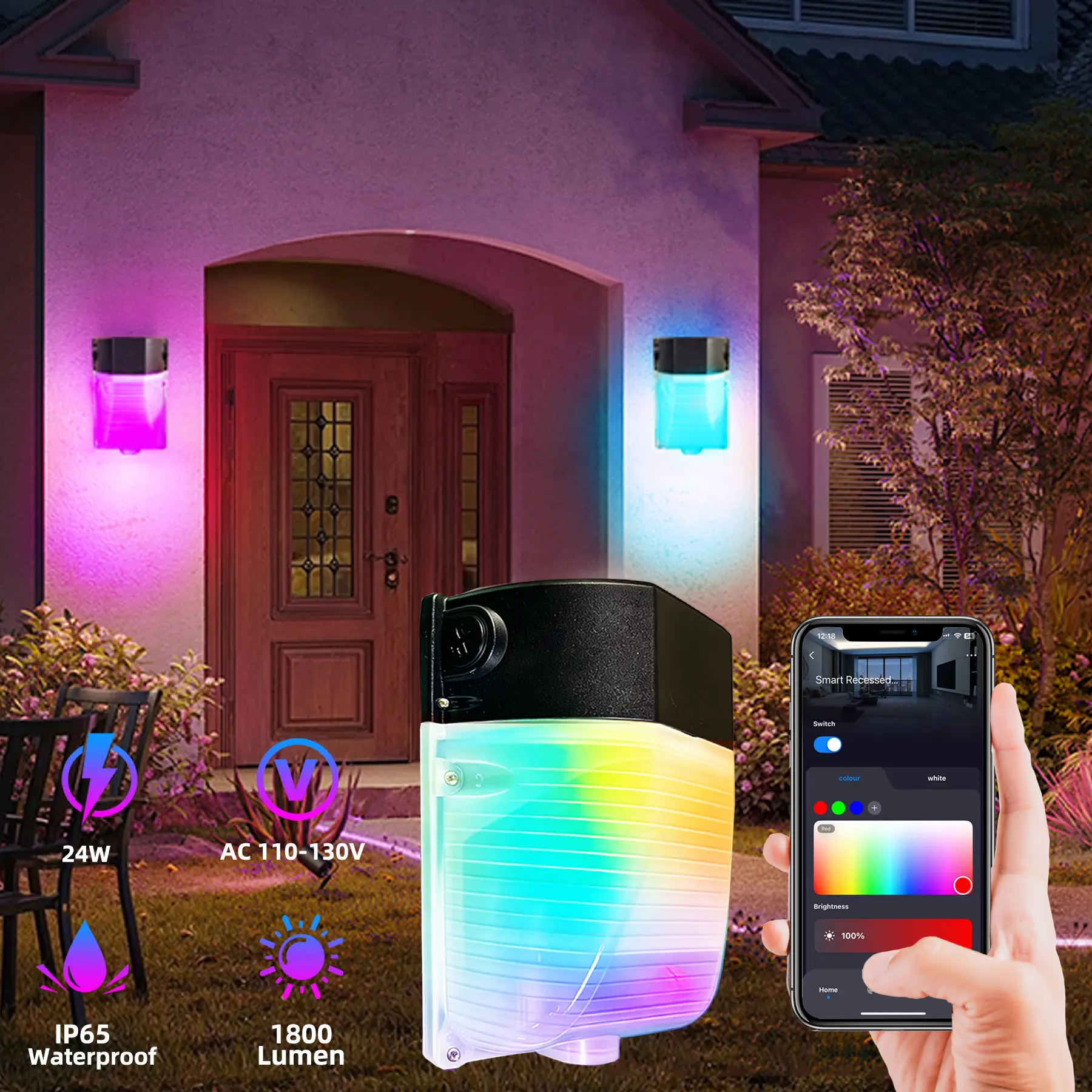 2-Pack RGBCW Smart LED Outdoor Wall Lights, 24W 1800lm RGBIC Color Changing Front Door Sconces, WiFi App Control, IP65 Waterproof, Timer Setting - Entryway, Garage