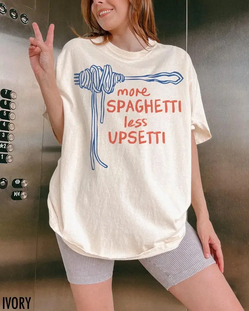 Funny Foodie Graphic Tee, Unisex "More Spaghetti Less Upsetti" T-Shirt, Casual Cotton Short-Sleeve Crew Neck Streetwear
