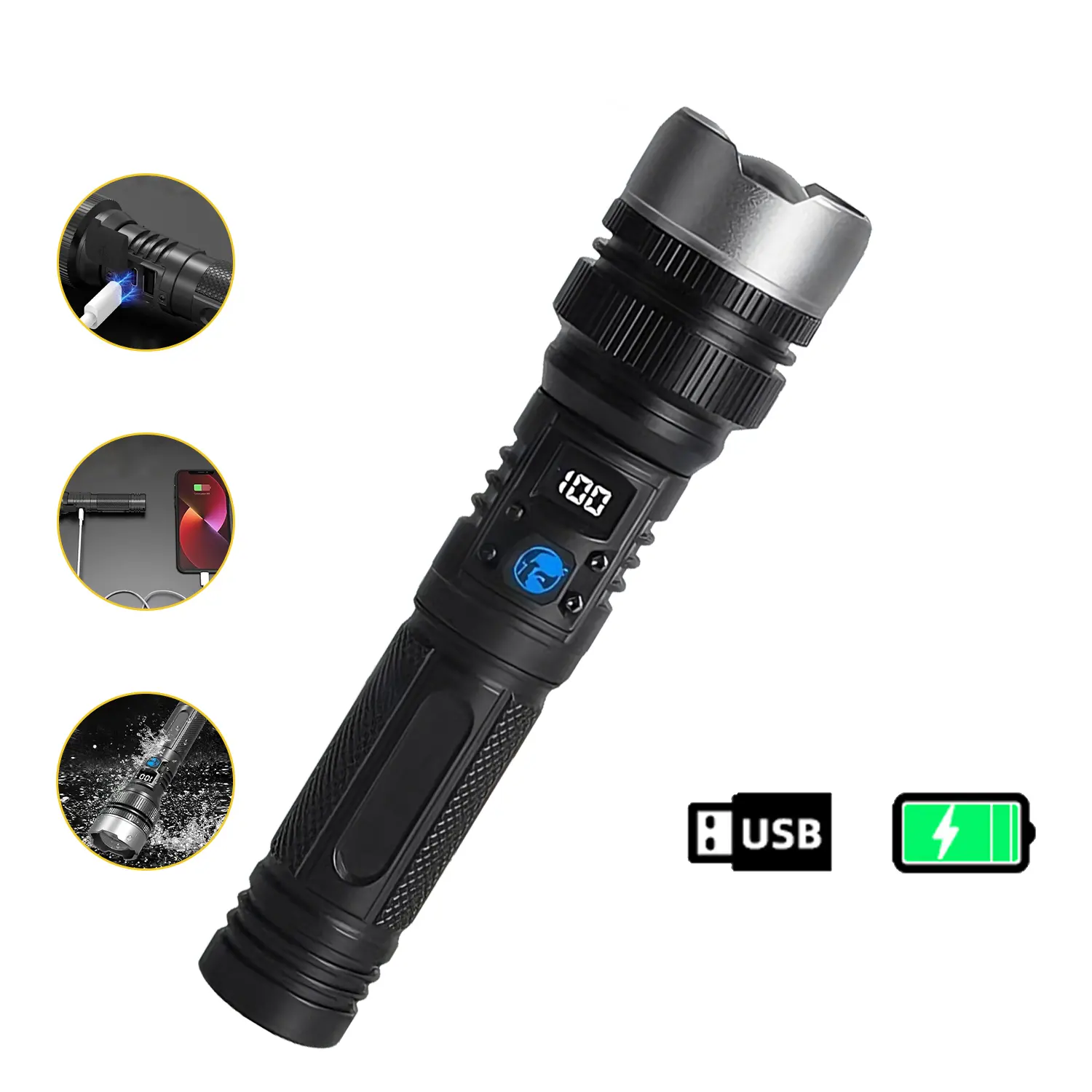 2-in-1 Strong Flashlight (Power Bank), Digital display ofpower, Rechargeable, Zoomable,, X4Waterproof,Adjustable Brightness Flash Light for Outdoor, Emergency,Camping Accessories, Black BackToSchool outdoorfun