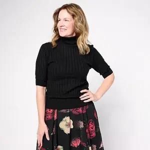 Jaclyn Smith Elbow-Sleeve Turtleneck Sweater with Cable Stitching