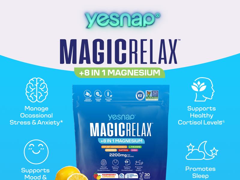 Yesnap MAGICRELAX Calming Sparking Mix with 8-in-1 Magnesium, KSM-66 Ashwagandha, Saffron, Vitamin D3, GABA & L-Theanine Supports Cortisol Balance Mood Sleep 30 Servings, No Sugar, Non GMO, Raspberry Lemonade Flavor