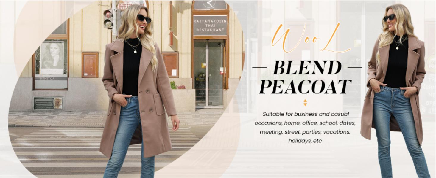 YeeZaa Women's Wool Blended Coat Notch Lapel Mid Long Single Breasted Pea Coat Jacket Outwear 2026 Spring Fall Winter Outfits SpringStatements