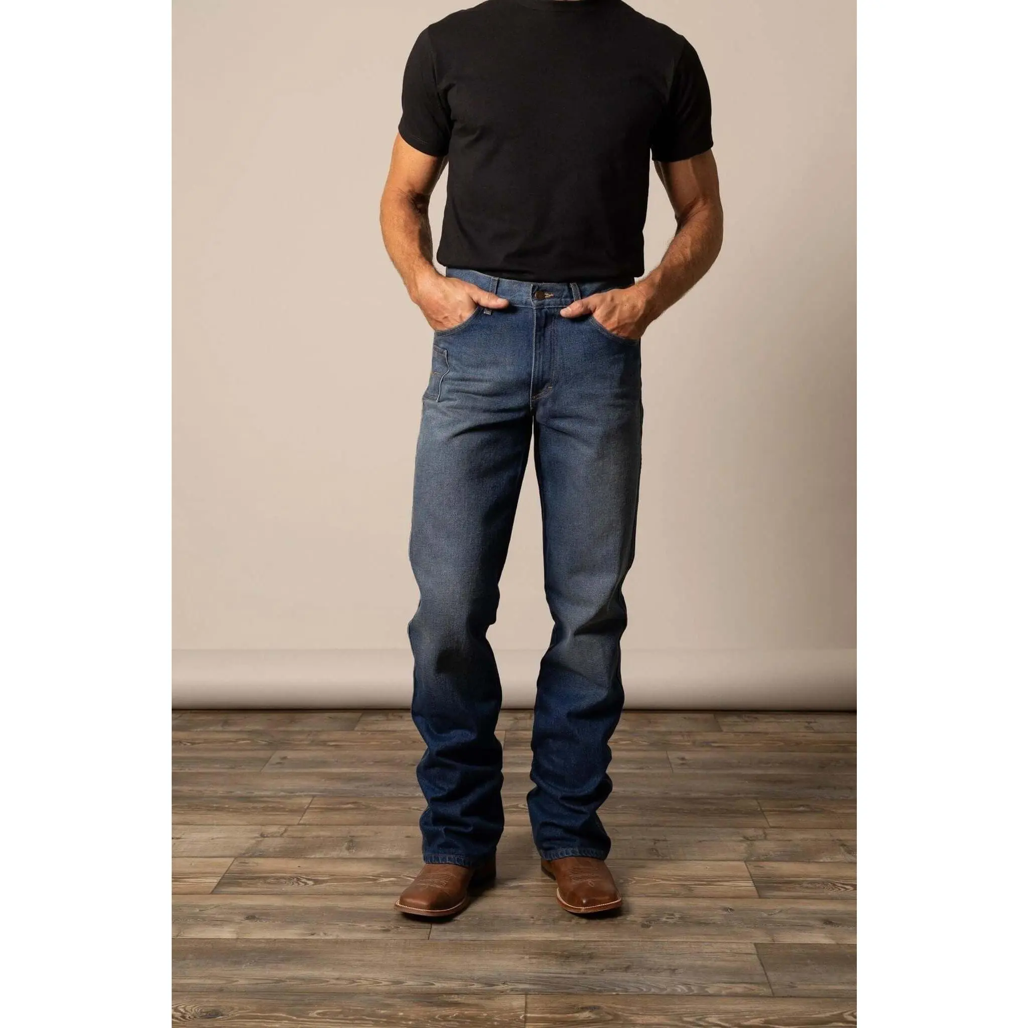 Men's Loose Fit Bootcut Jeans, Mid Waist Plain Wash Cotton Denim with Western Longhorn Stitch and Utility Pocket