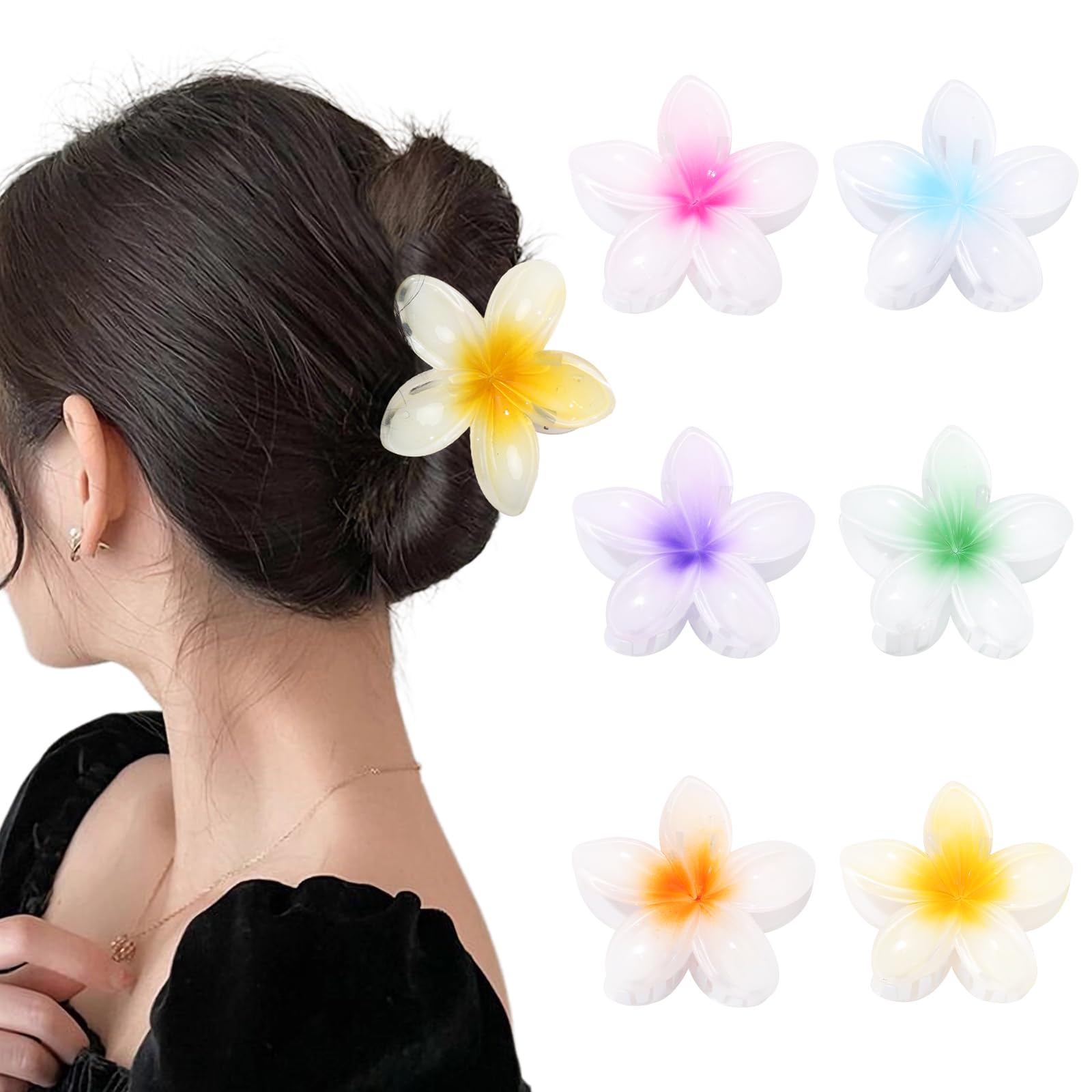 AWAYTR Hawaiian Frangipani Flower Hair Claw Clips for Women Girls 6Pcs/Set Plumeria Hair Clips for Thick Thin Hair Holiday Hair Accessories
