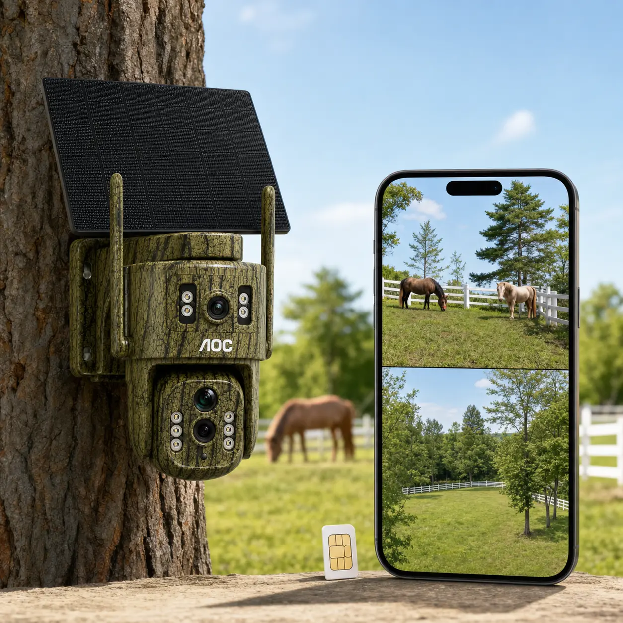 AOC 4G LTE Solar Security Camera with AI Tracking - No WiFi Needed, Dual 2MP PTZ Lenses, Motion Detection, Color Night Vision, 2-Way Audio, All-Day Recording, IP65 for Wildlife Monitoring, Farm Use