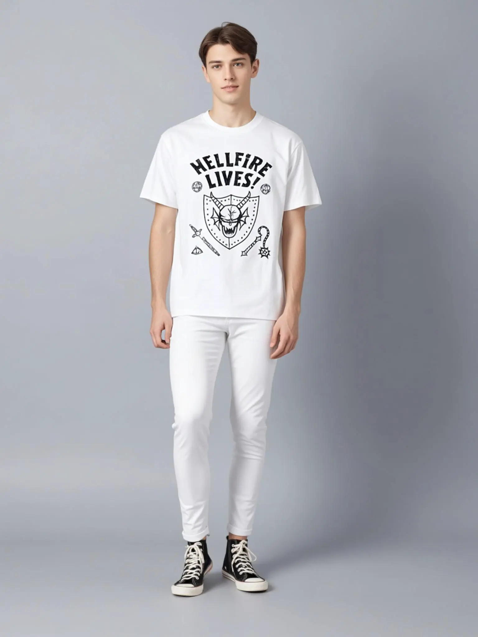 Men's Hellfire Graphic Round Neck Short-Sleeve T-Shirt - Premium Combed Cotton, Breathable, Retro Punk Print, USA-Made, Casual Summer Streetwear Top, True Size, Tropical, 2XL Menswear, Premium Cotton, Hellfire Logo, All Seasons
