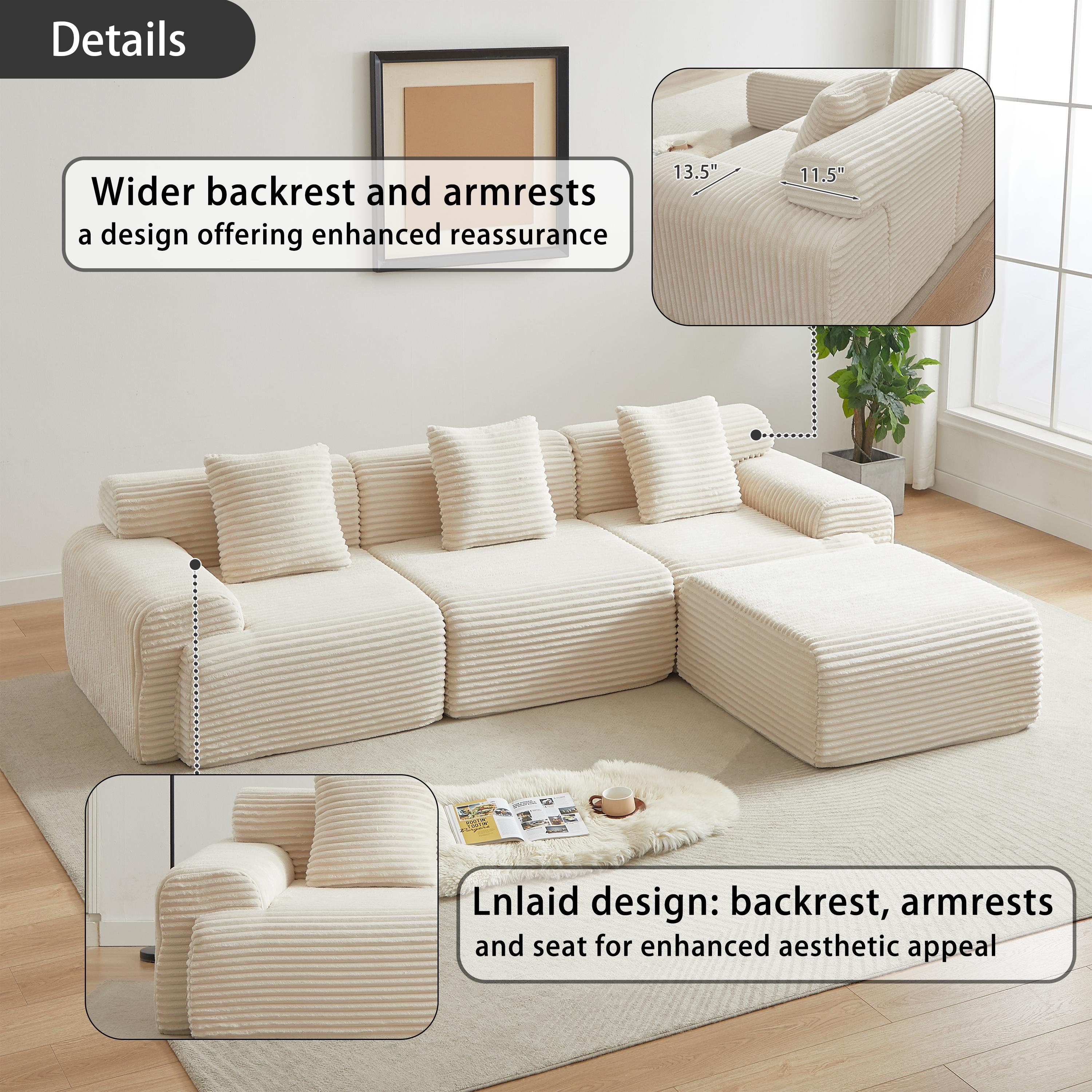 Niccae 114-inch Corduroy Modular Sofa Boneless couch, Featuring an Inlaid Structural Design, three throw pillows, Wider backrest design and Four Freely Configurable Modules.