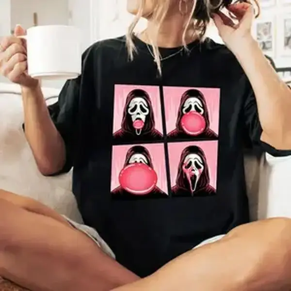 100 Cotton Ghostface Bubble Pink Gum Halloween Shirt Scream Movie Halloween Shirt Top Womenswear Country Concert Outfits Vintage Graphic Tees Ghostface Summerween Comfort Shirt Halloween Crewnecks Top Black Casual Golf Gift T Shirt For Men And Women Urban