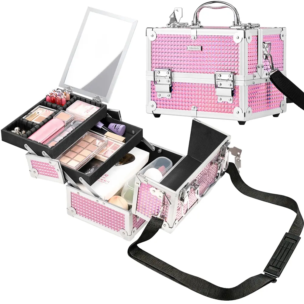 【Built-in Mirror】Yaheetech  Makeup & Nail Art Train Case Multi-functional Lockable Cosmetic Storage Organizer Box with 2 Trays, Compartment, Adjustable Dividers for Makeup Tools/Manicure Supplies/Jewelry tiktokshopbacktoschool