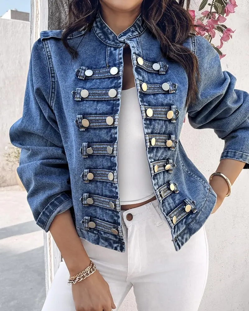 Women's 90s Look Cropped Denim Jacket, Chic Double-Breasted Button Front with Puff Sleeves and Stand Collar for an Elevated Casual Vibe, Women's Fashion, Jean Jacket, Cool Girl Style, Fabric, Collared, Puffed, Lady, Do Not Dry Clean, Woven, Tops, Long Sle