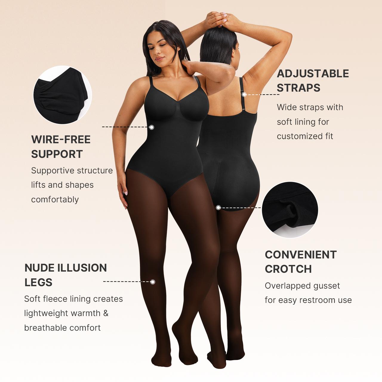 SHAPELLX CozyShape Sheer-Panel with Fleece Lined Tights Stay-Warm Tummy Control Sheer Effect Tights Bodysuit Black Basic