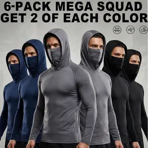 6-piece set men's outdoor work sun protection clothing with sun-blocking hoodie, featuring built-in face mask and neck guard, breathable long-sleeve hoodie， Athletic Activewear ， t shirt