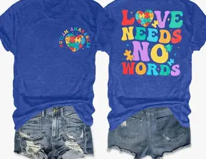 Autism Awareness Shirt Women Love Needs No Words Shirt Autism Special Education Love Heart Puzzle Piece Short Sleeve Tee