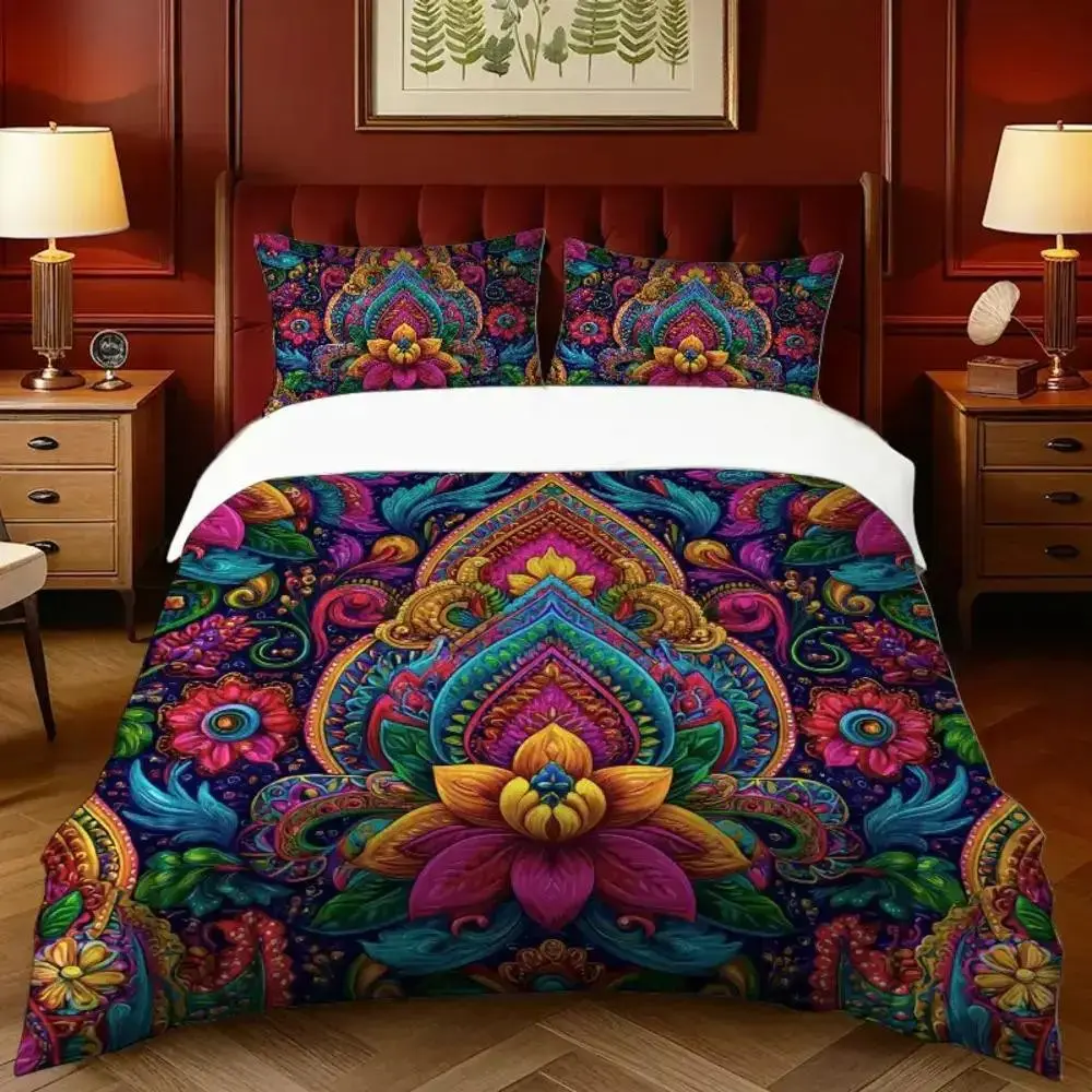 3-Piece Bohemian Elements Decorative Bedding Set, 1 Duvet Cover & 2 Pillowcases, Indoor Use, Vibrant Indian Ethnic Design for Bedroom Decor