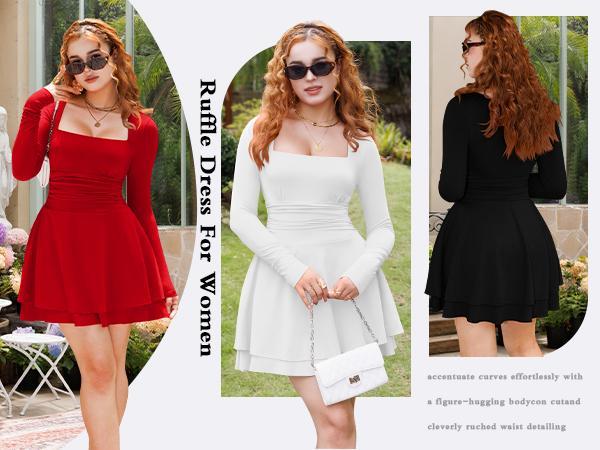 OYS Women's Square Neck Ruffle Hem Mini Dress Ruched Waist Long Sleeve Corset Short Party Dresses With Pockets