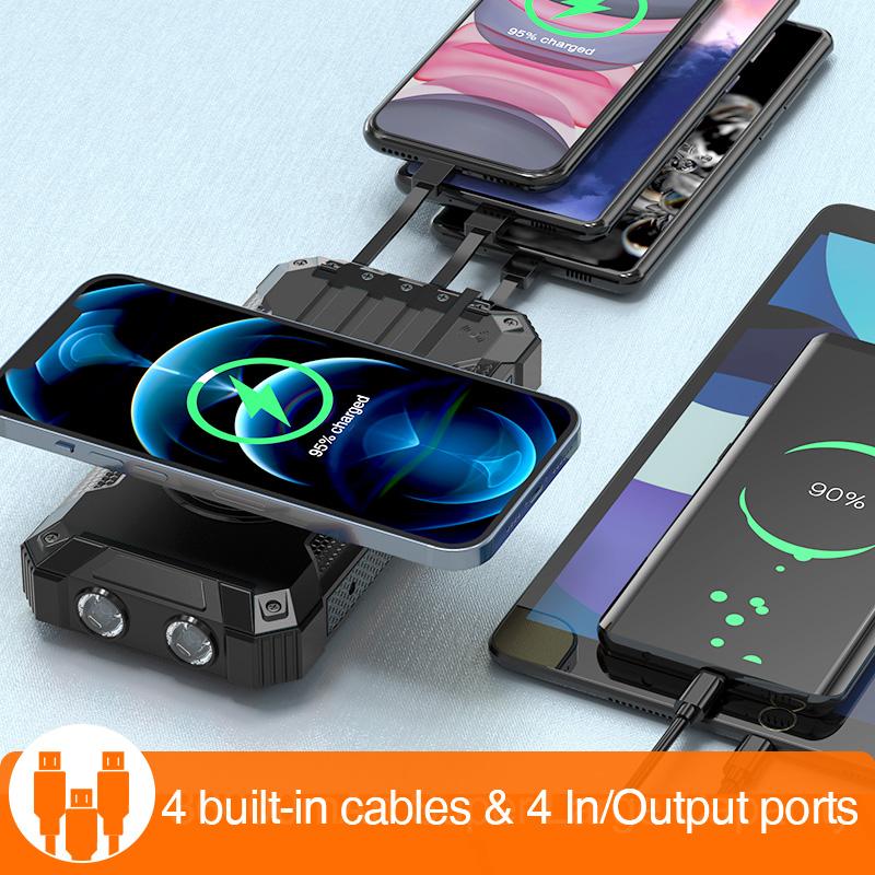 W22OR Power Bank Wireless Charger 36000mAh Built in 4 Cables Six Outputs 15W Fast Charging Power Bank for All Mobile Devices Three Inputs Solar Portable Charger with Dual Flashlights, Carabiner