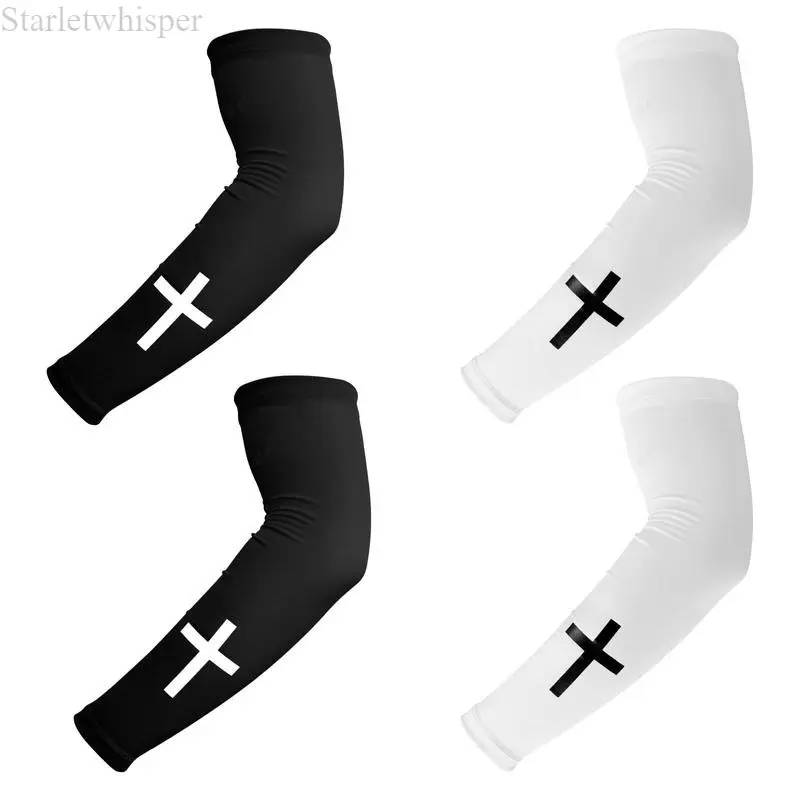 2 Pairs Cross Religious Compression Cooling Arm Sleeves for Men Women, Polyester UV Protection Arm Sleeves for Football Basketball Baseball Running Cycling Outdoor Activities