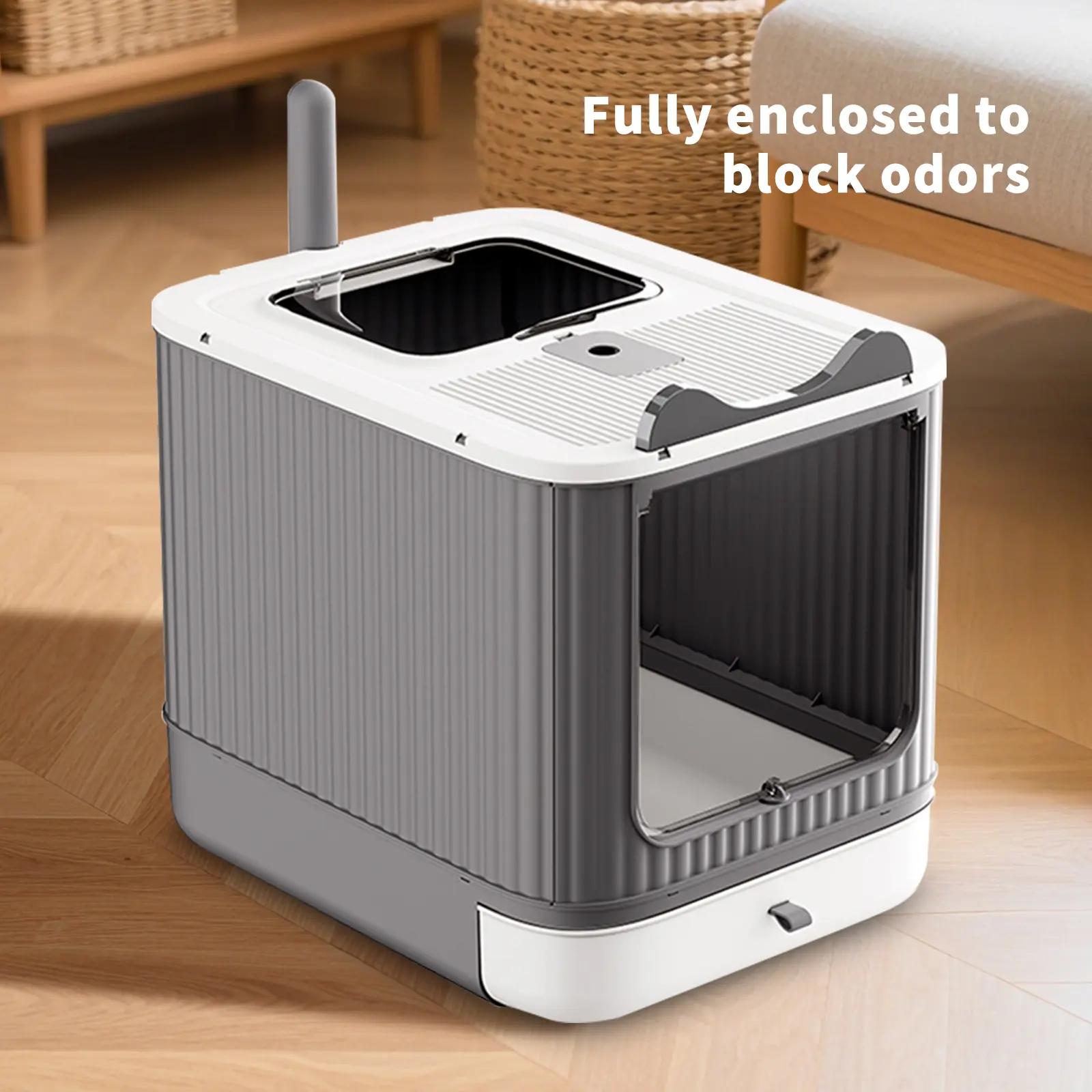 Large Fully Enclosed Cat Litter Box Enclosure - Drawer-Style with Tray, Odor Lock, Dual Entry, Anti-Splash Design, Included Scoop, Easy to Clean