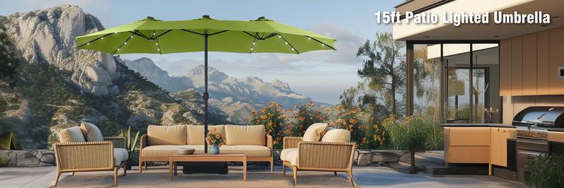PHI VILLA Double-Sided Outdoor Patio Umbrella 15 ft Large with Crank, Steel Pole, Metal Frame, Includes Base, Easy to Clean, Solar LED Lights