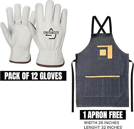 Giorgino 12 Pairs Leather Work Gloves Men with FREE Denim Apron Heavy Duty Cowhide Driver Gloves Unlined Construction Gloves