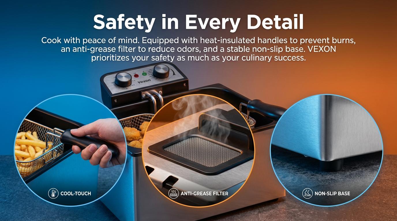 VEXON 5L Extra Large Deep Fryer with 3 Baskets – Family-Size 1800W High-Heat Frying, 21-Cup Capacity, Easy Clean, Perfect Gift for Home Cooking & Family Meals