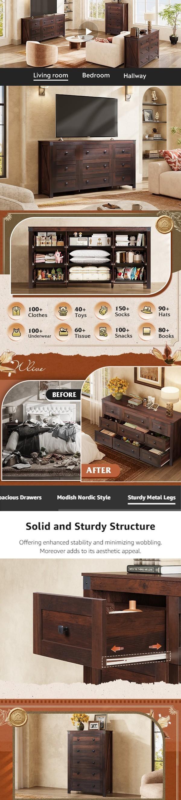 WLIVE Farmhouse Dresser for Bedroom, 63" Wide 9 Drawer Dresser Storage Organizer, Wood Chest of Drawers for Bedroom, TV Stand for 70 inch TV for Living Room, Hallway, Ball Bearing Slide