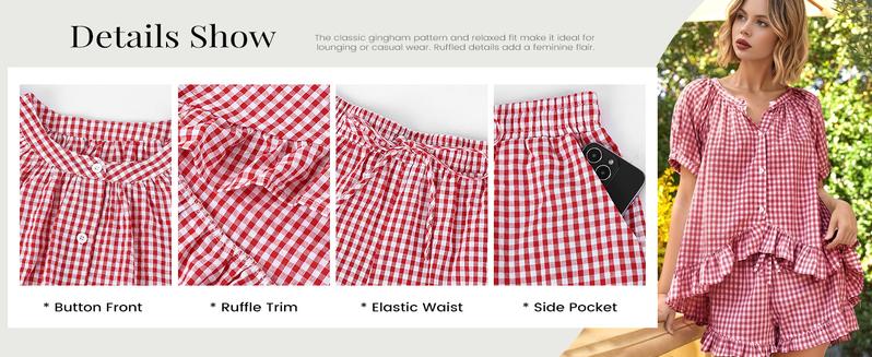 Arssm Women’s Gingham Pajamas Set – 2-Piece Cotton PJs with Ruffle Babydoll Shirt & Plaid Shorts for Cozy Sleepwear & Lounge Outfits