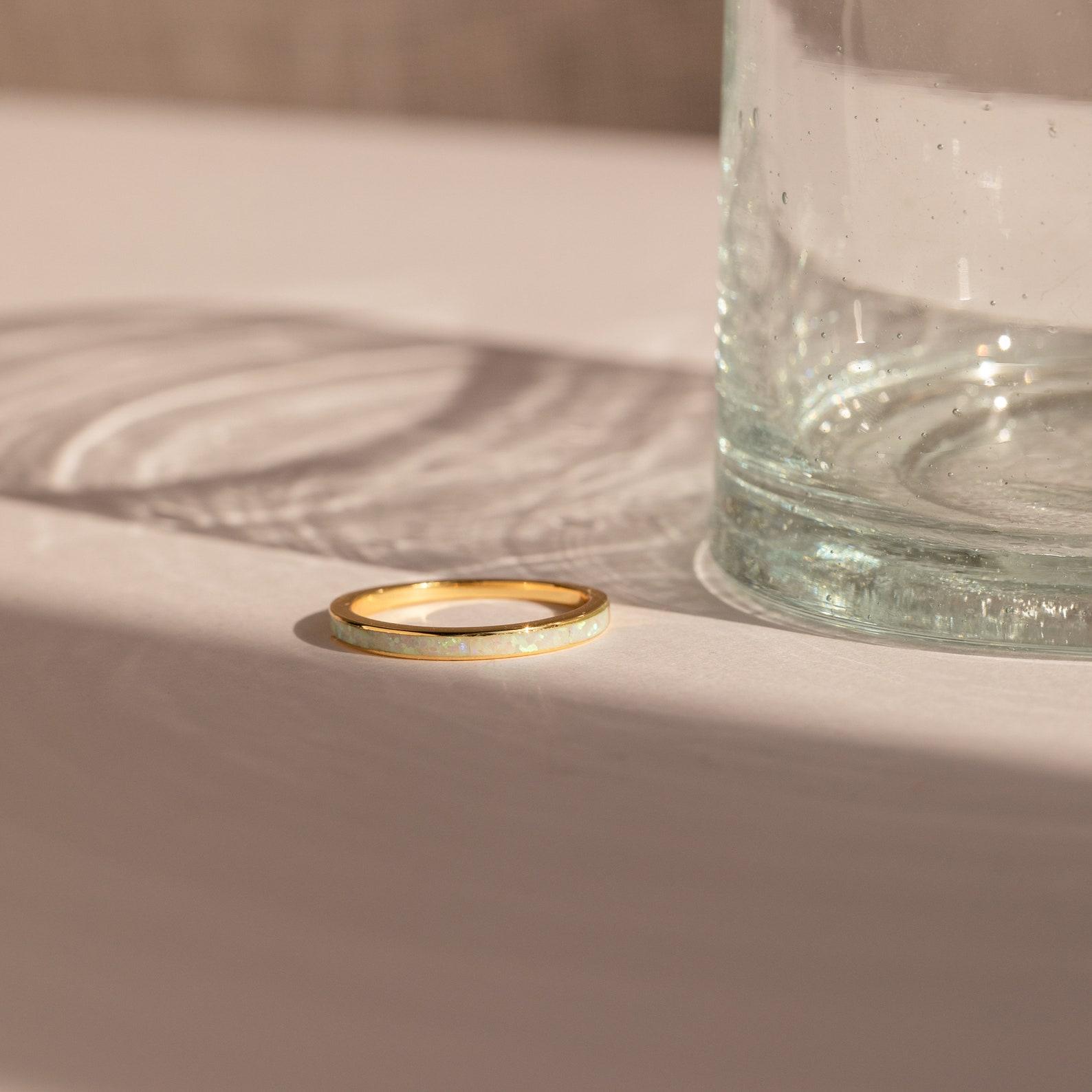 White Opal Inlay Band by Caitlyn Minimalist - Dainty Gemstone Stacking Ring in Gold - Boho Jewelry - Daughter Gift