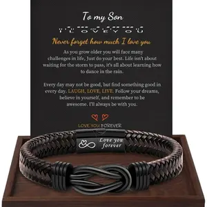 [LuckyVibes Studio]Stainless Steel Leather Bracelet To My Son To My Grandson To My Dad Braided Jewelry for Men Festival Gift Row Magnetic Closure, Infinity knot Braided Leather Bracelet with Gift Box, Perfect Valentine's Day Gfit for him