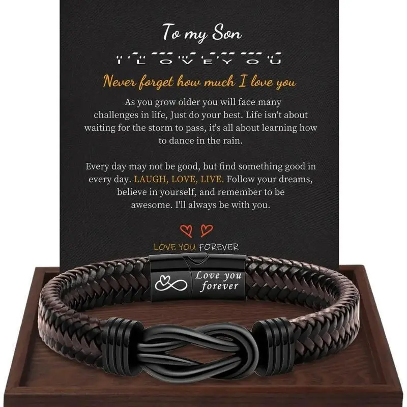 Men's Braided Leather Bracelet with Stainless Steel Infinity Knot, 21cm Sentimental 'To My Dad' Gift, Male Jewelry with Magnetic Closure