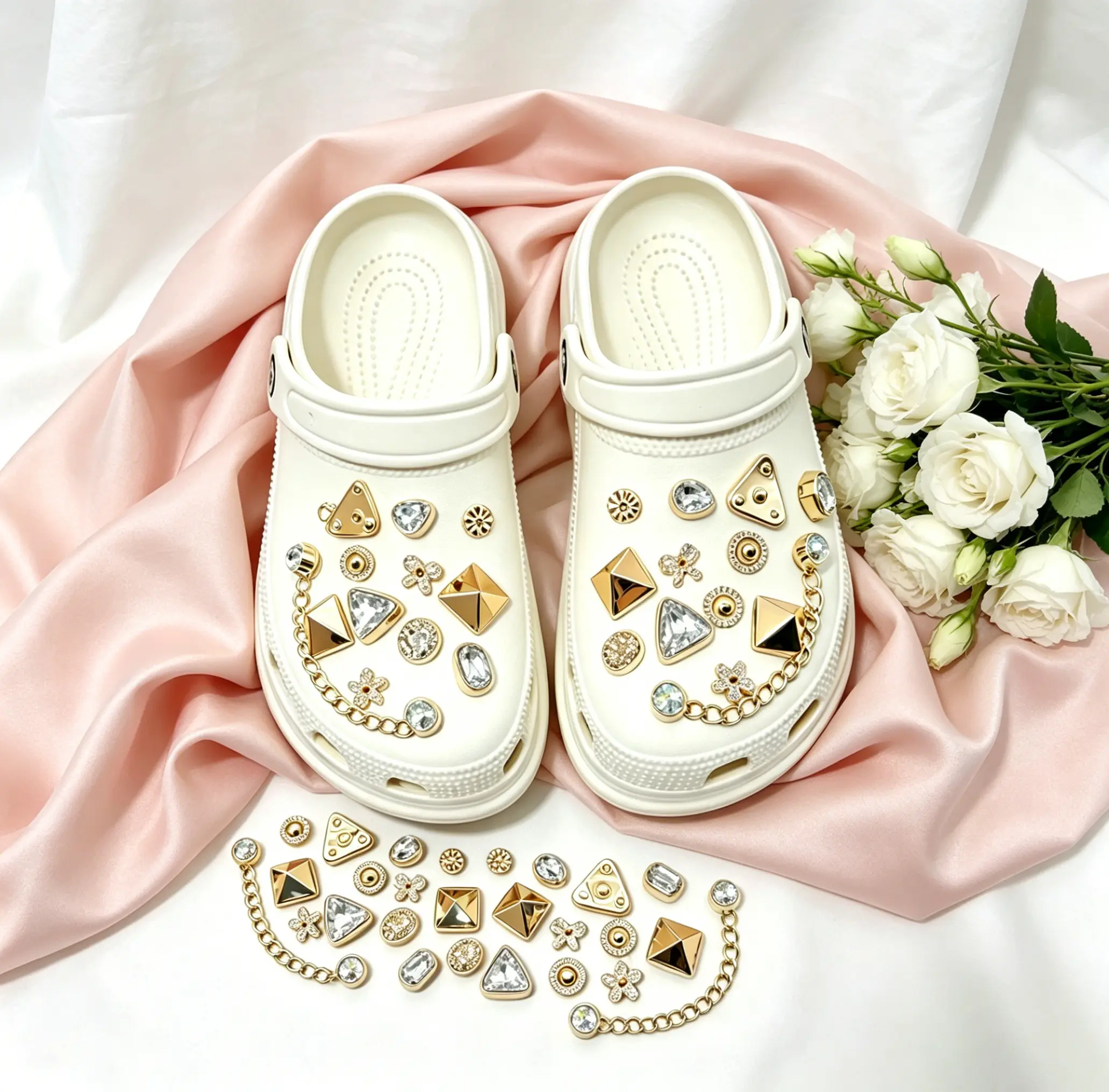 26 Pcs Bling Rhinestone Golden Chain Shoe Charms For Crocs Sparkly Girly DIY Shoe Jewel Decorations Trendy Clog Accessories Ideal Party Favors Holiday Gifts For Birthday/Halloween/Christmas/New Year