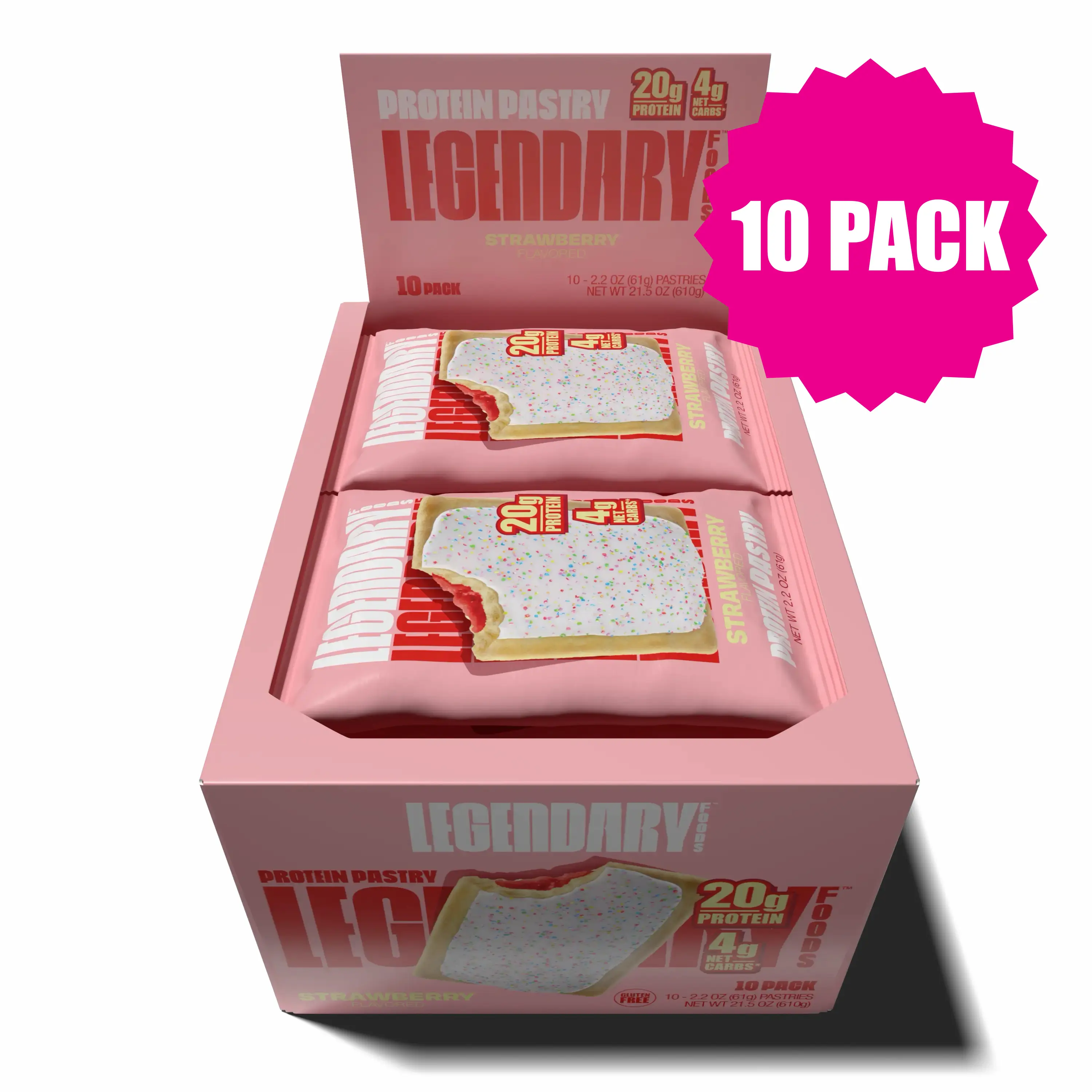 Legendary Legend Strawberry Protein Pastry - 20g Protein, 4g Net Carbs, 20g Snack - 10 pack