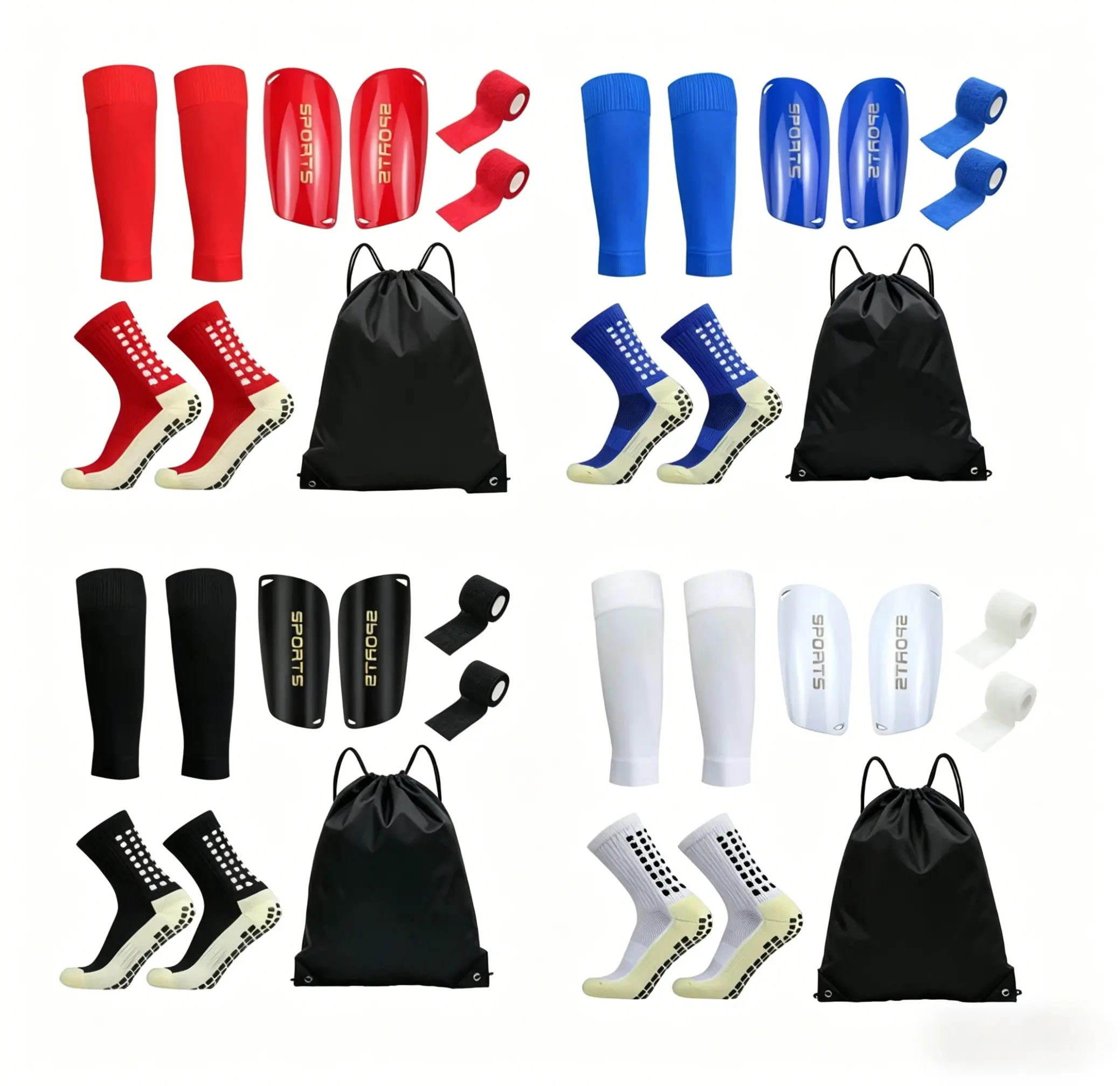5-piece football sports equipment set, including silicone grip football socks, knee pads, protective gear, drawstring backpack and sports tape, suitable for football matches.
