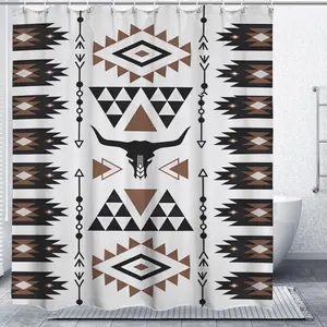 Western Boho Print Shower Curtain Country Farm Native West Aztec Indian Texas Longhorn Bull Skull Design White Bath Curtain for Bathroom Home Decor with Hooks Birthday Hhousewarming Gift
