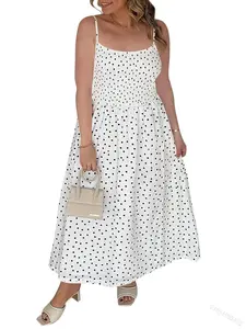 Tankaneo Women’s Smocked Maxi Dress Polka Dot Print  Adjustable Spaghetti Straps