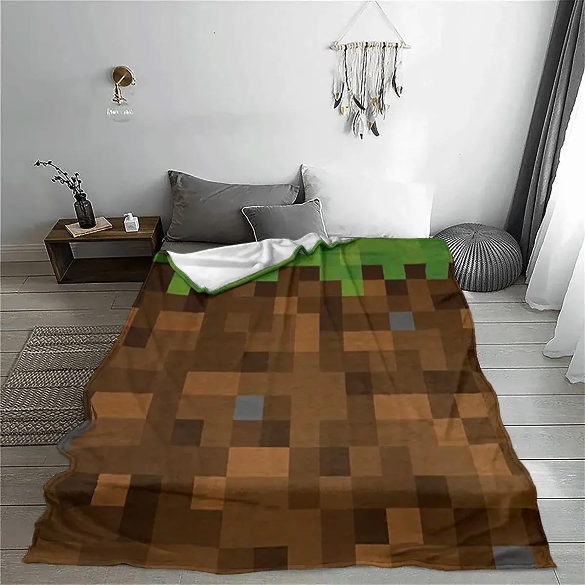 Pixel Grass Block Flannel Throw Blanket, Soft Cozy Gaming Fleece Blanket, Minecraft Style Gamer Room Decor for Bed Sofa Couch Dorm, Unique Birthday Christmas Gift For Gamers Kids Boys Teens